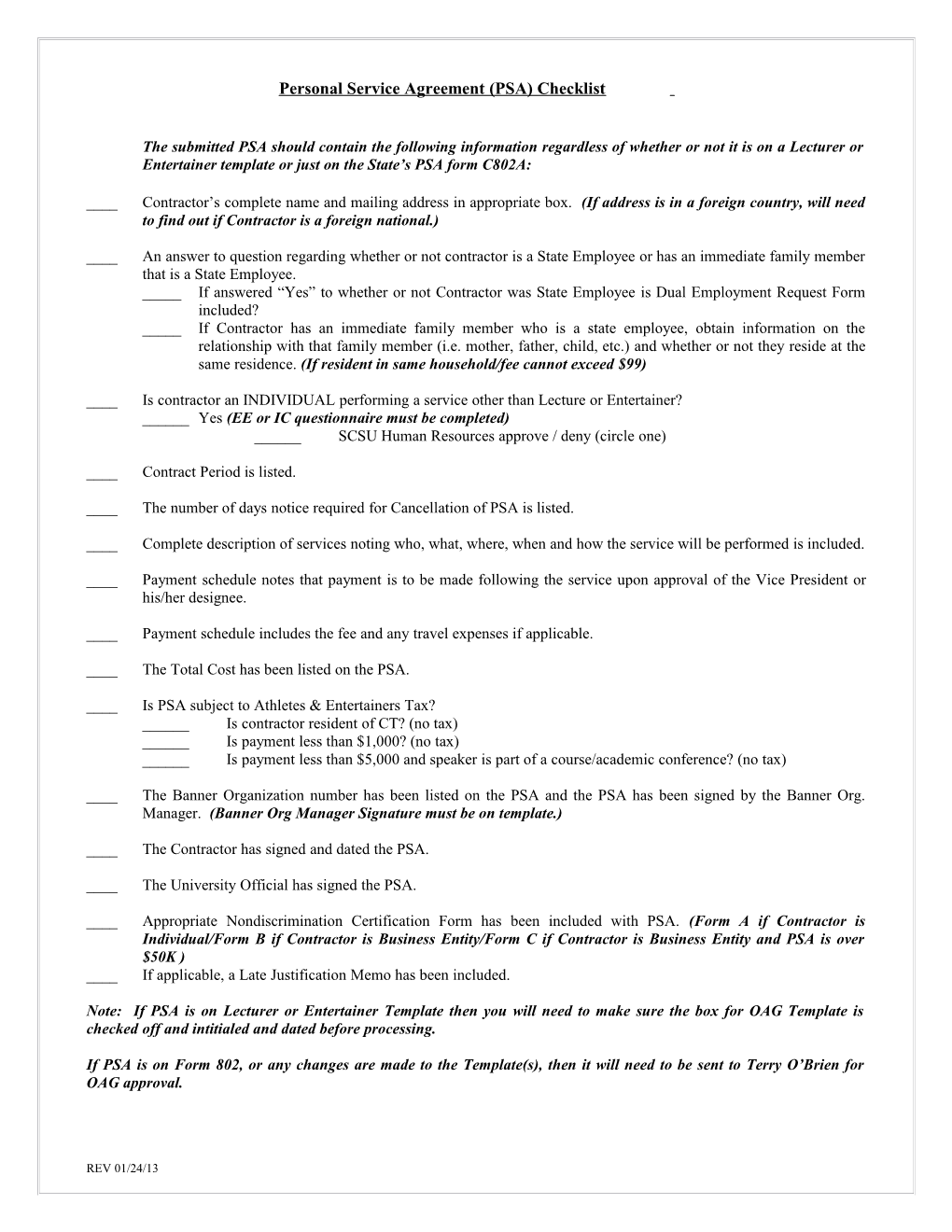 Personal Service Agreement (PSA) Checklist