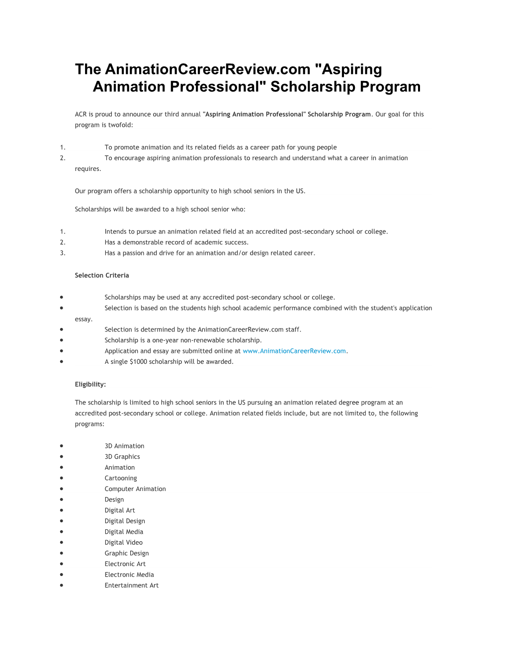 The Animationcareerreview.Com Aspiring Animation Professional Scholarship Program