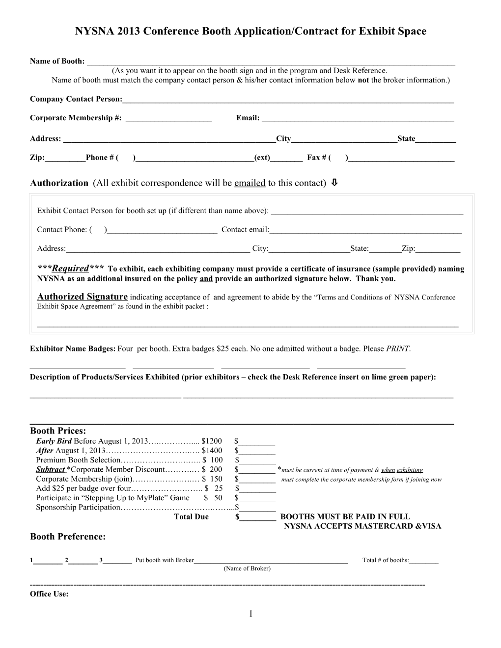 NYSNA2013 Conferencebooth Application/Contract for Exhibit Space