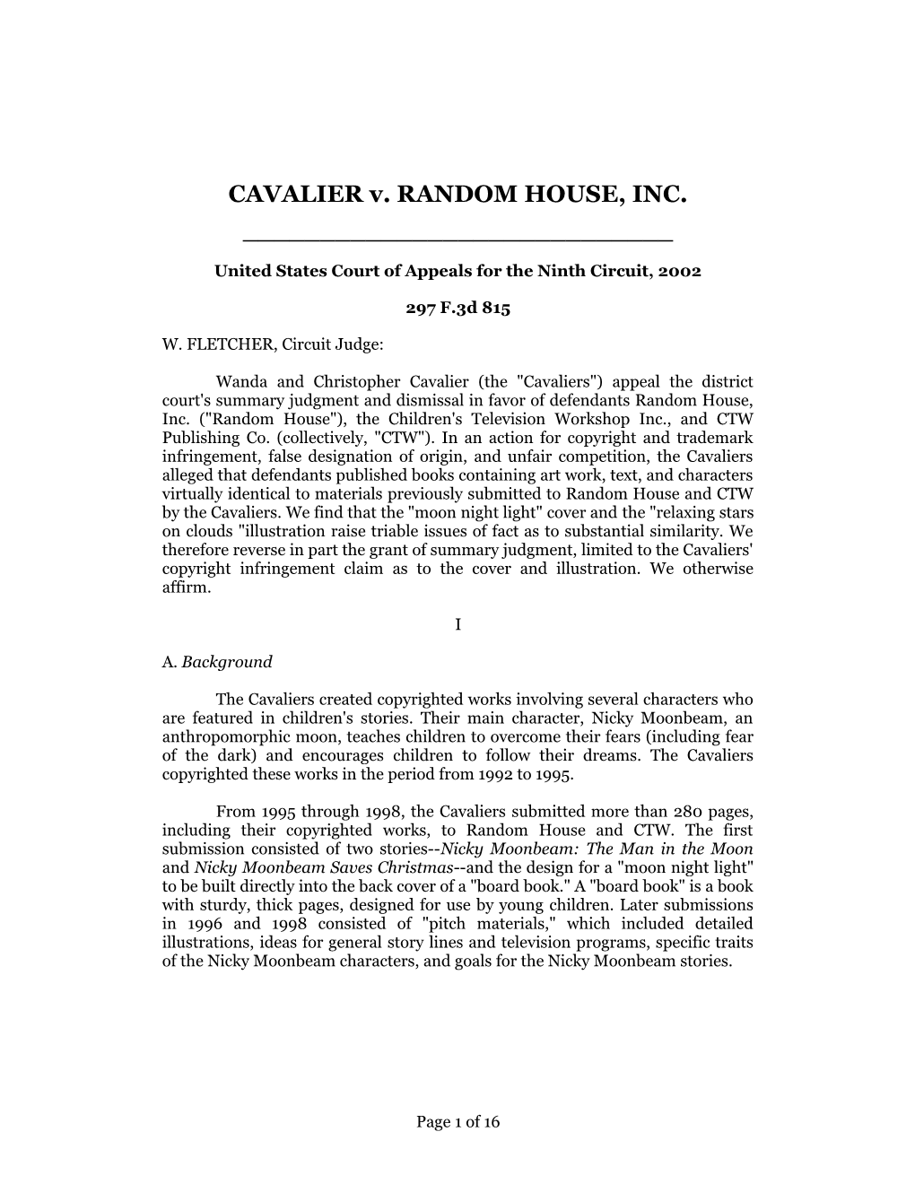 Cavalier V. Random House, Inc