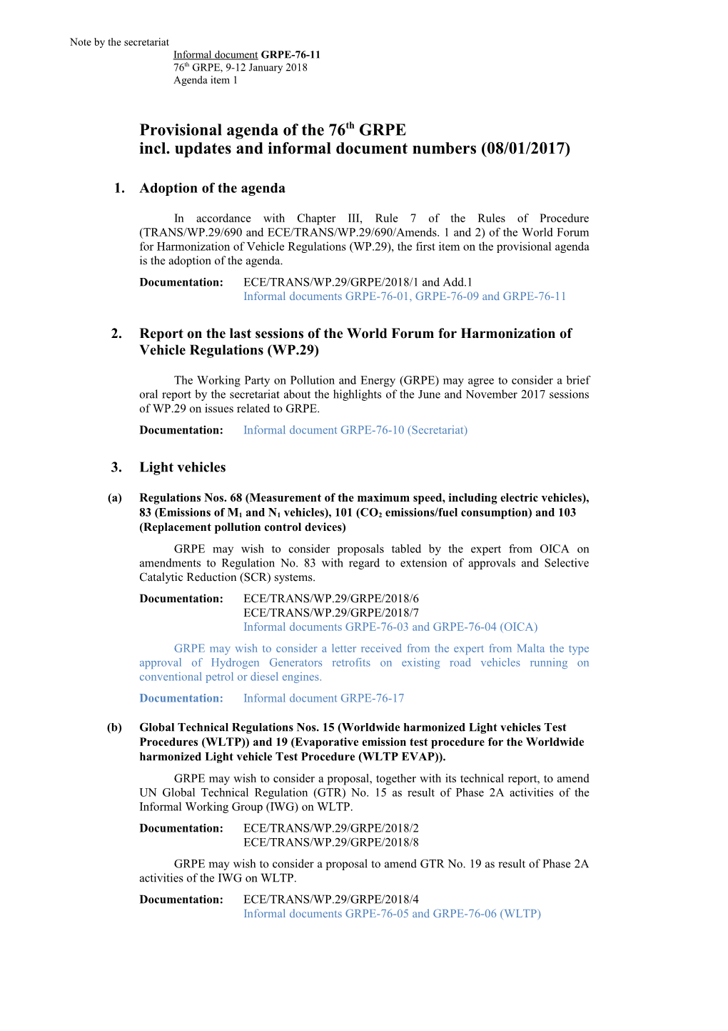 Provisional Agenda of the 76Th GRPE Incl. Updates and Informal Document Numbers (08/01/2017)