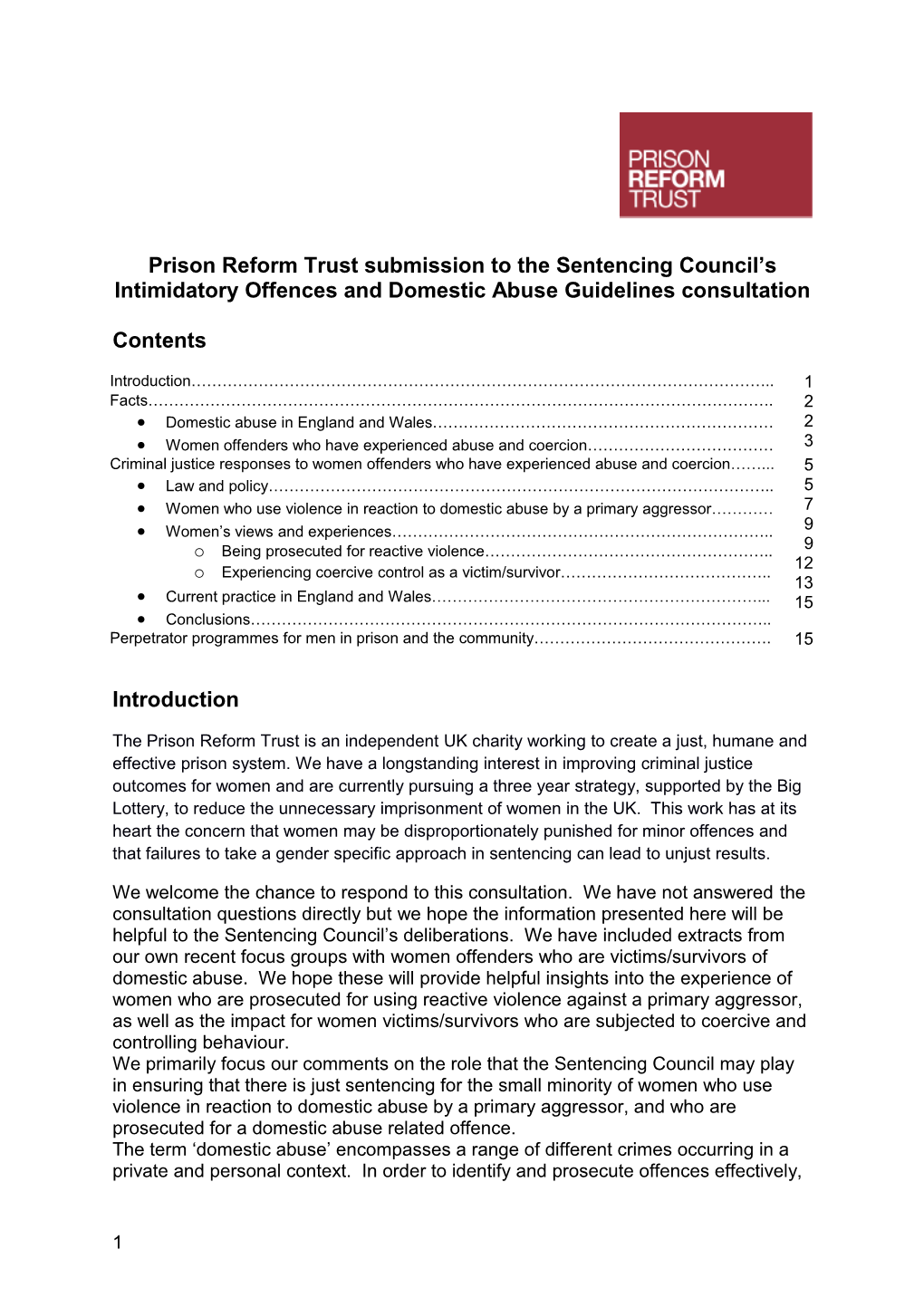 Prison Reform Trust Submission to the Sentencing Council S Intimidatory Offences and Domestic