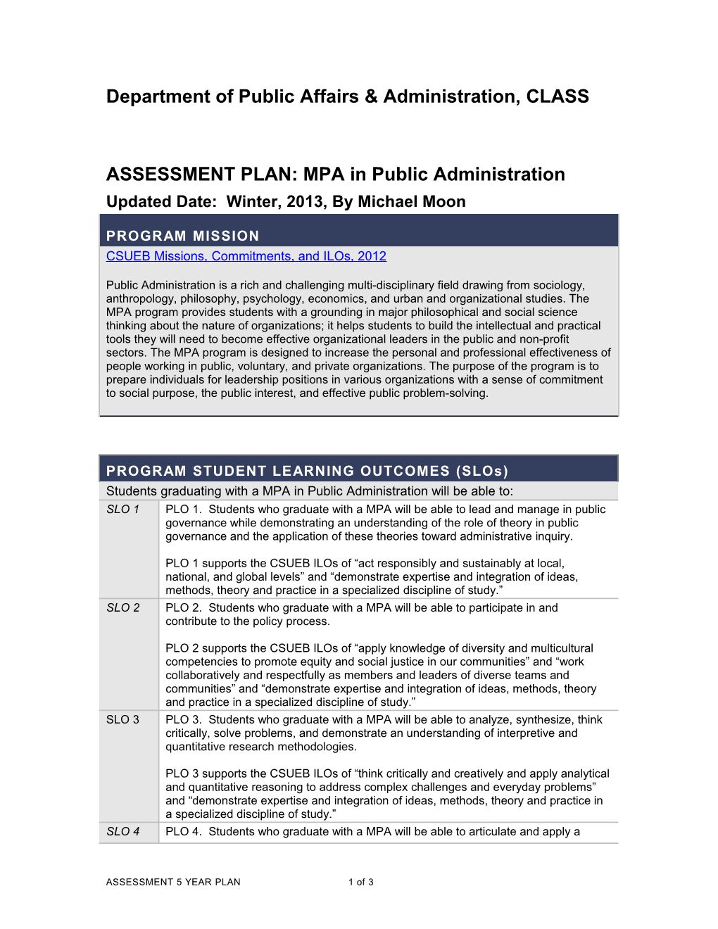 ASSESSMENT PLAN: MPA in Public Administration