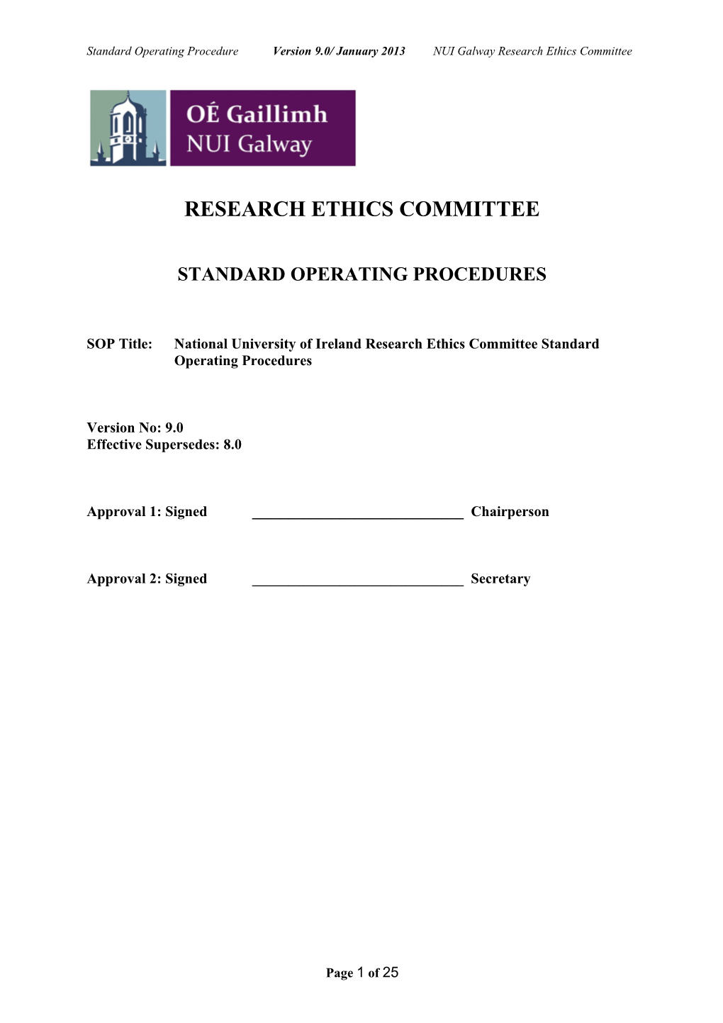 SOP Title:Nationaluniversity of Ireland Research Ethics Committee Standard Operating Procedures