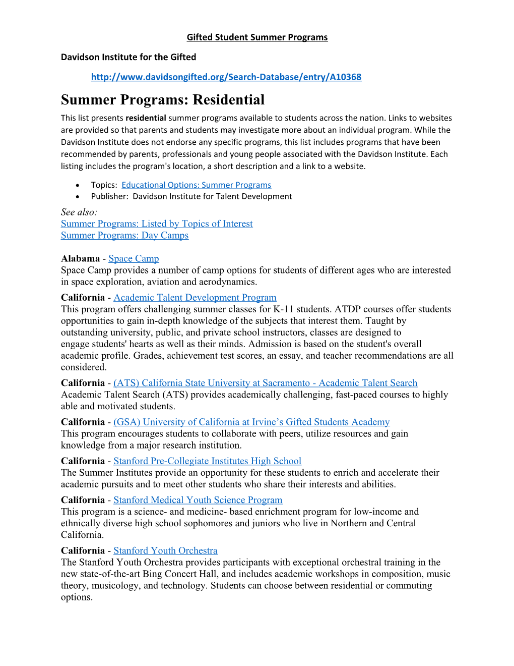 Gifted Student Summer Programs