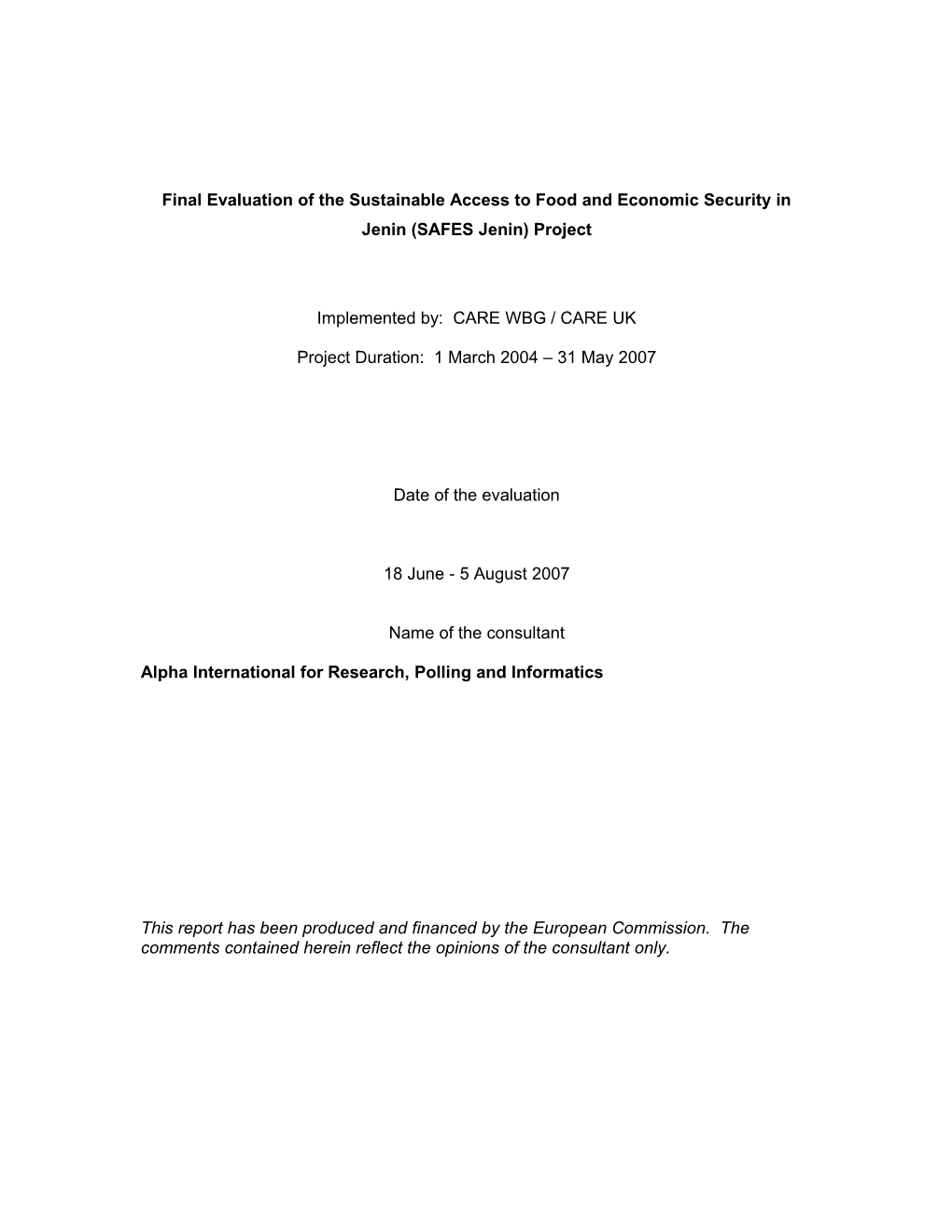 Final Evaluation of the Sustainable Access to Food and Economic Security in Jenin (SAFES