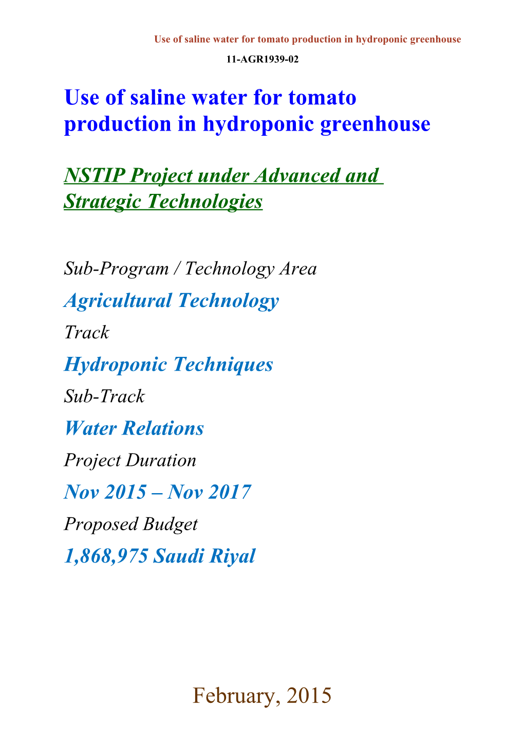 Use of Saline Water for Tomato Production in Hydroponic Greenhouse