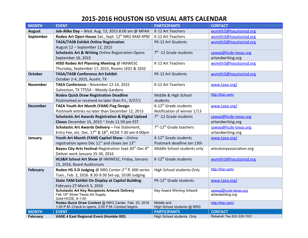 2015-2016 Houston Isd Visual Arts Calendar