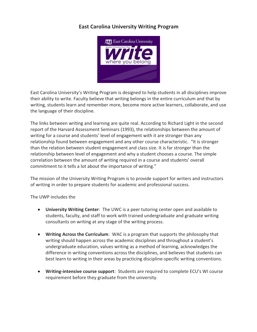 Writing Intensive Courses at ECU