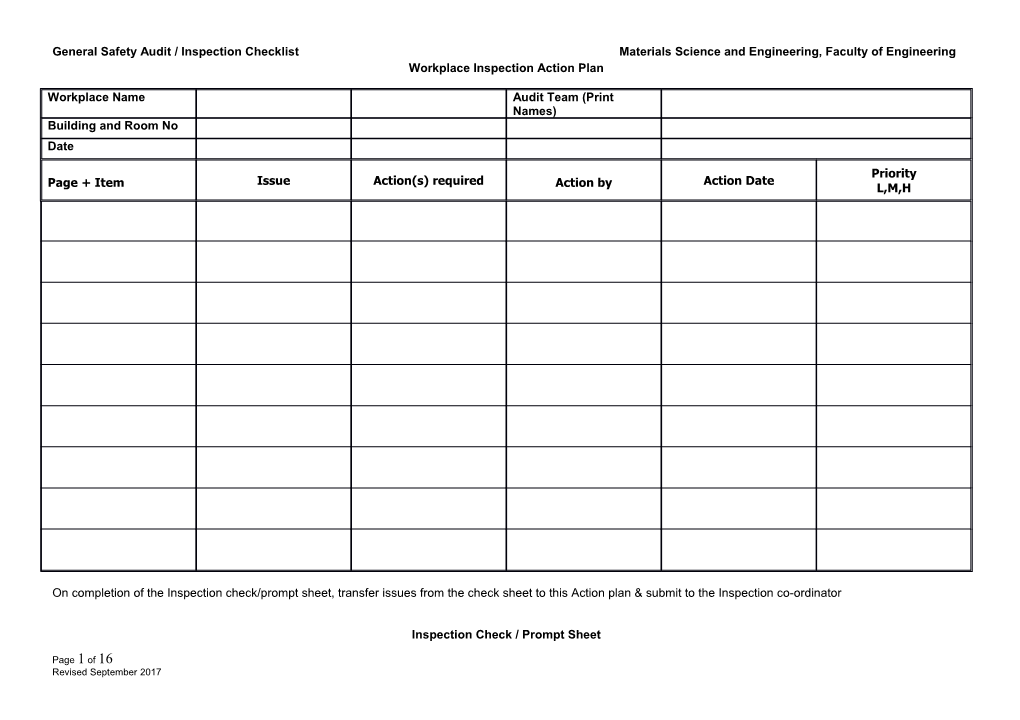 General Safety Audit / Inspection Checklistmaterials Science and Engineering, Faculty