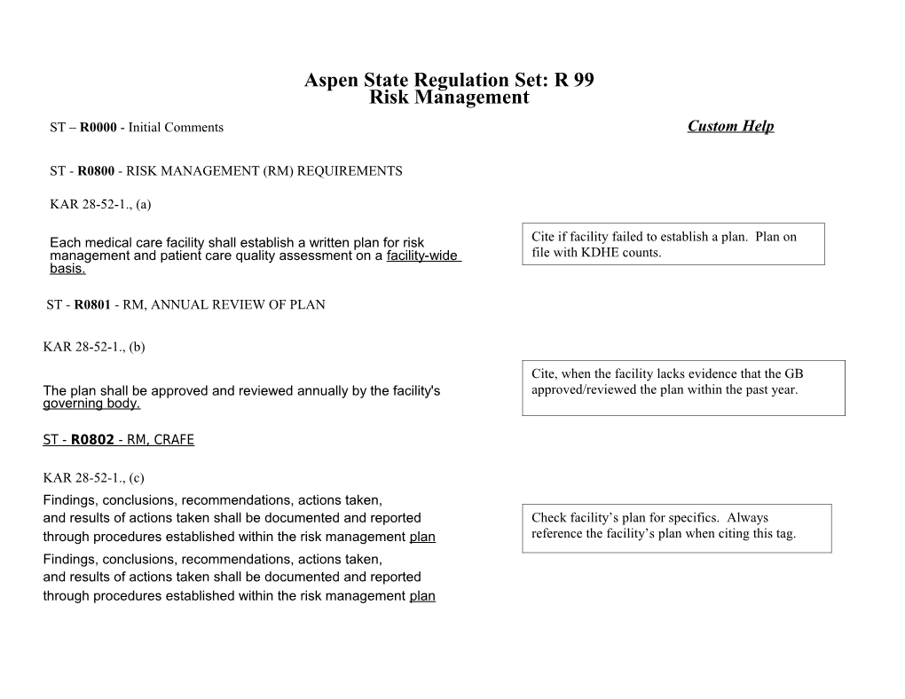 Aspen State Regulation Set: R 99 Risk Management