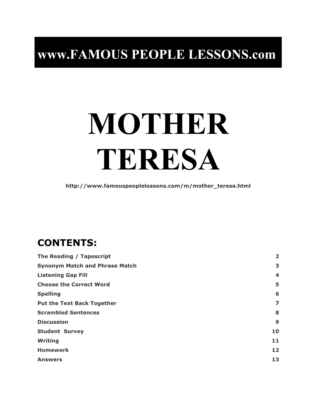 Famous People Lessons for ESL - Mother Teresa