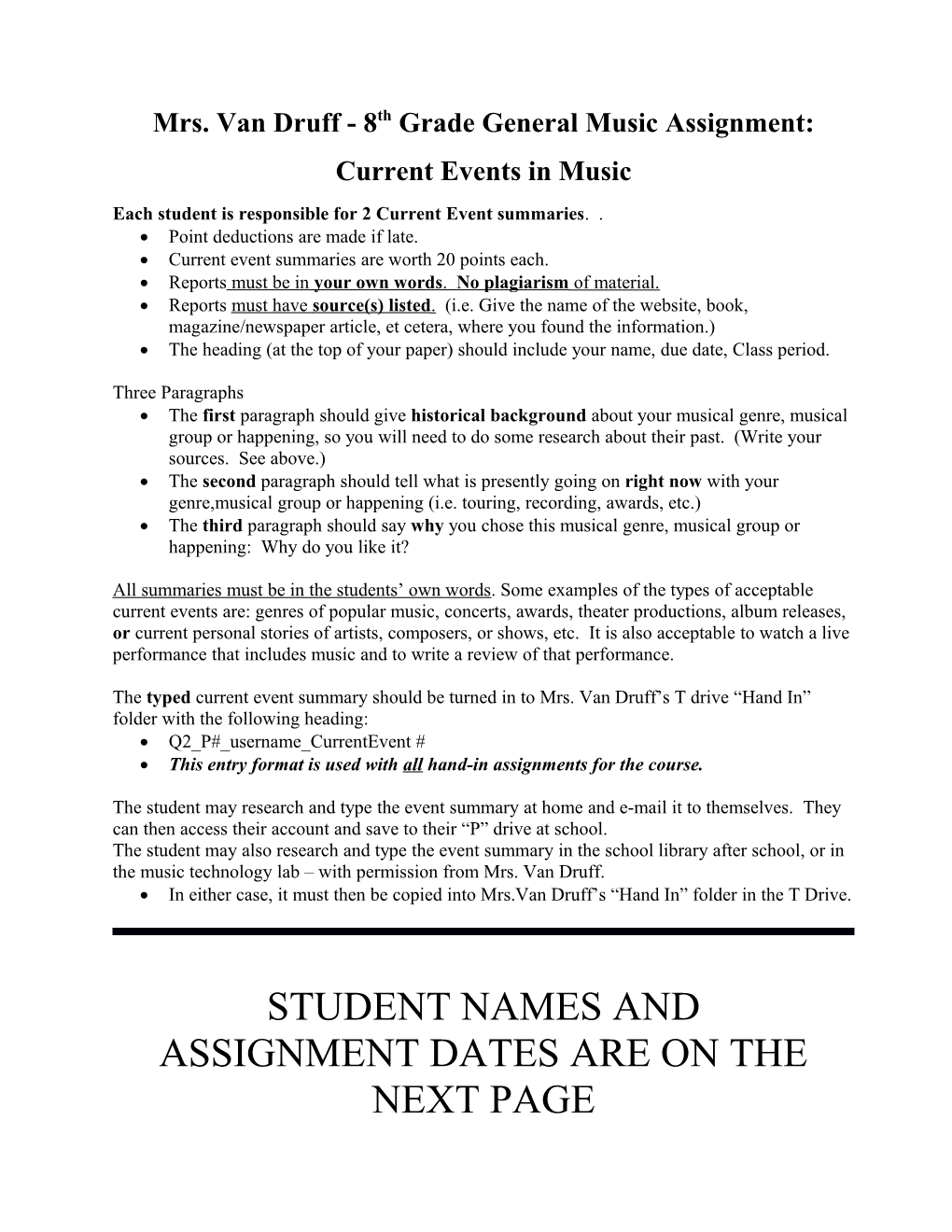 Mrs. Van Druff - 8Th Grade General Music Assignment