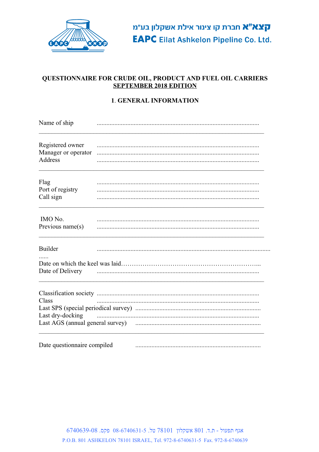 Questionnaire for Crude Oil, Product and Fuel Oilcarriers