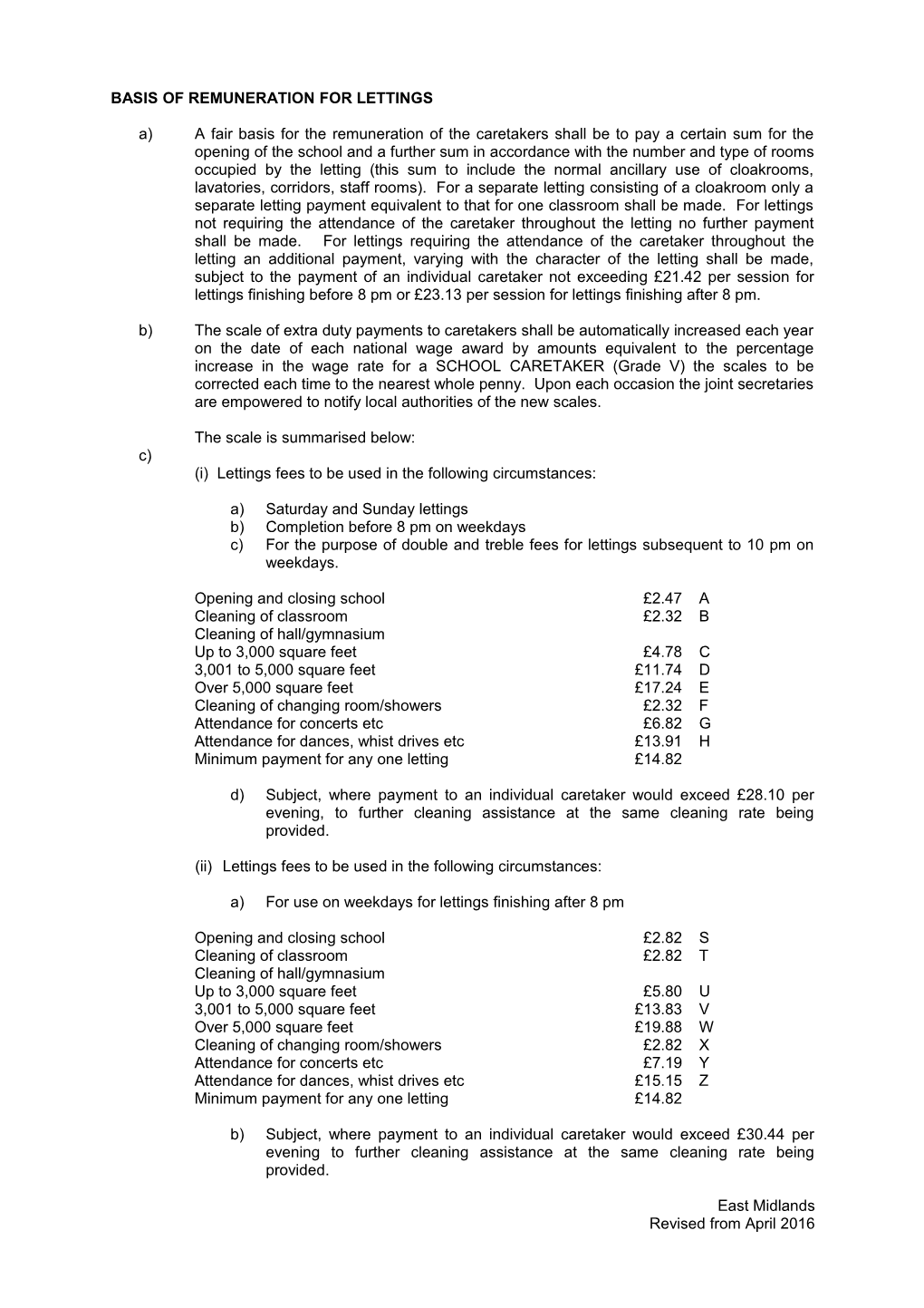 Basis of Remuneration for Lettings