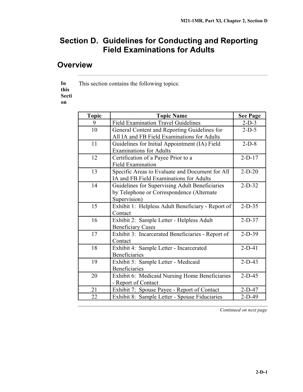 M21-1MR, Part XI, Chapter 2, Section D. Guidelines for Conducting and Reporting Field