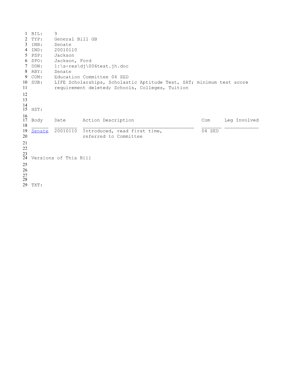 2001-2002 Bill 9: LIFE Scholarships, Scholastic Aptitude Test, SAT; Minimum Test Score