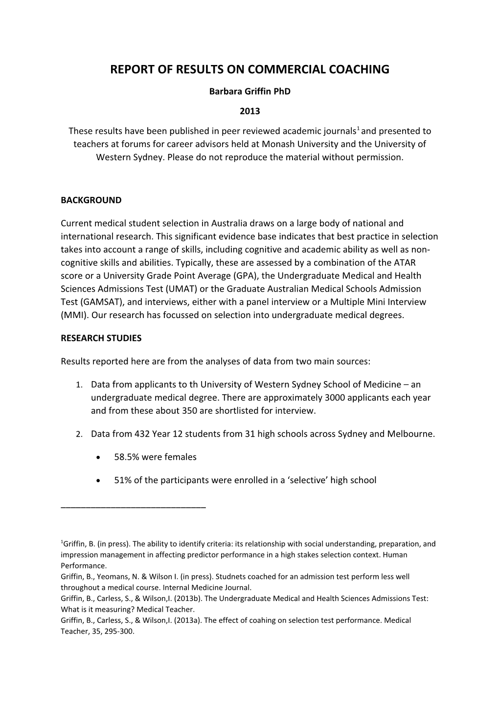 Report of Results on Commercial Coaching