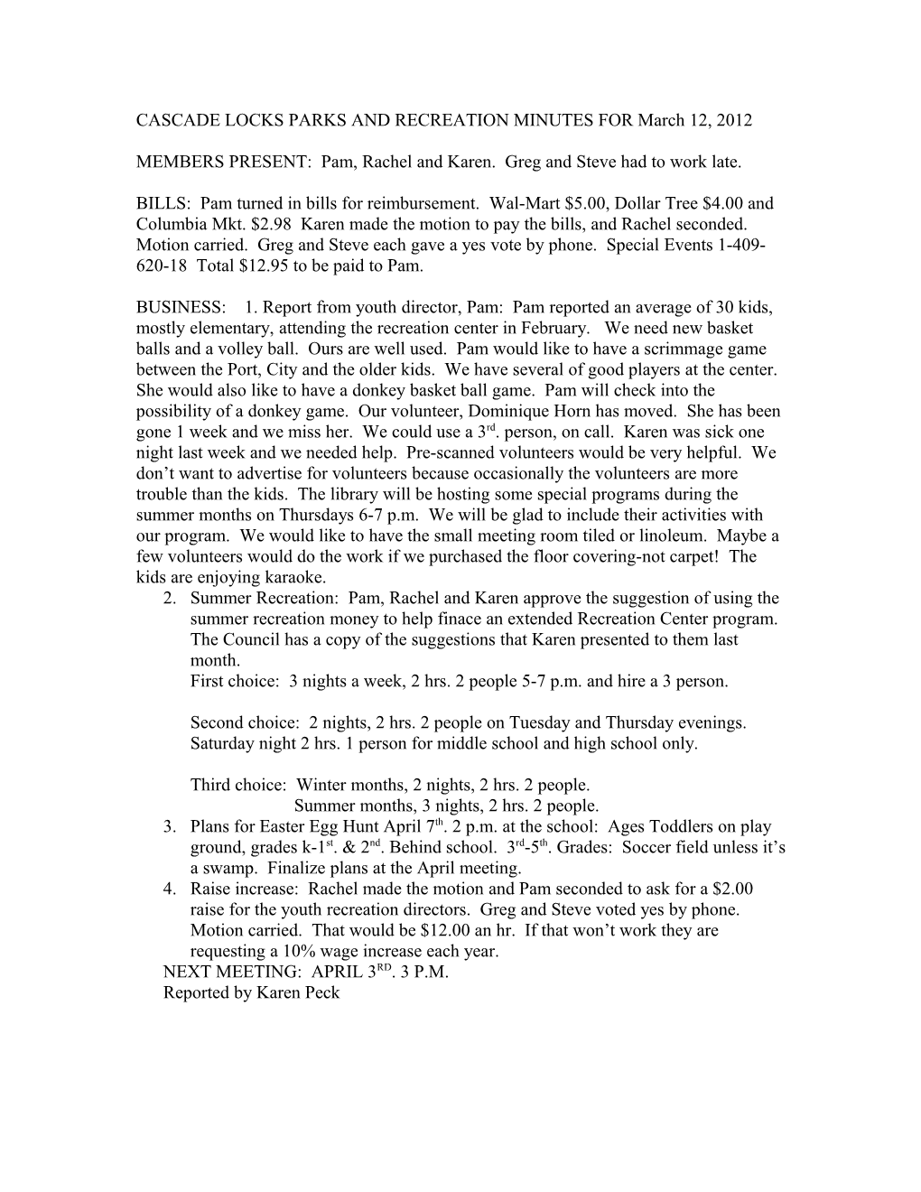 CASCADE LOCKS PARKS and RECREATION MINUTES for March 12, 2012