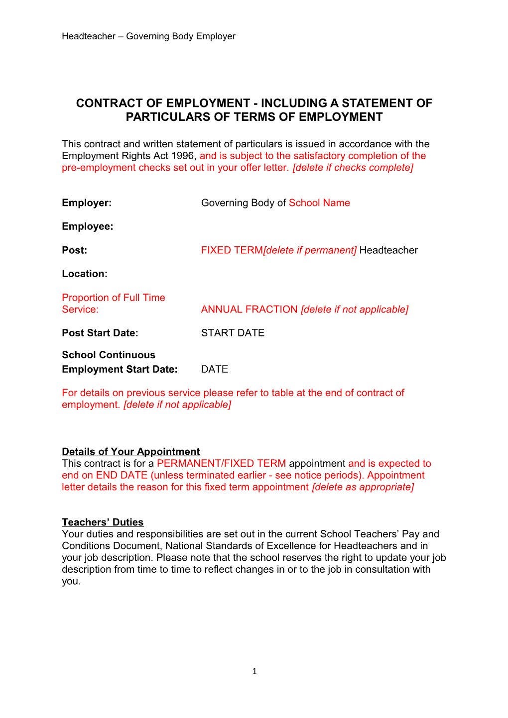 Contract of Employment - Including a Statement of Particulars of Terms of Employment