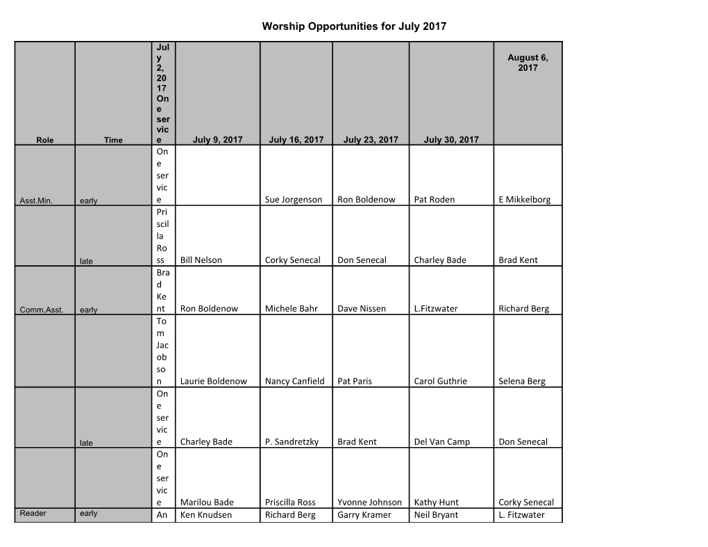 Worship Opportunities for July 2017