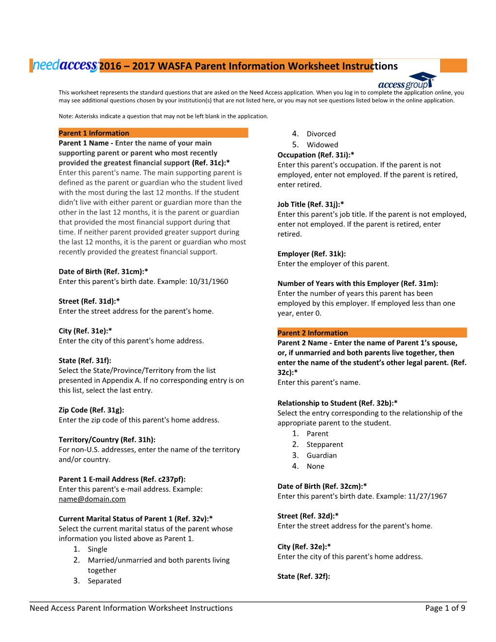 2016 2017 WASFA Parent Information Worksheet Instructions