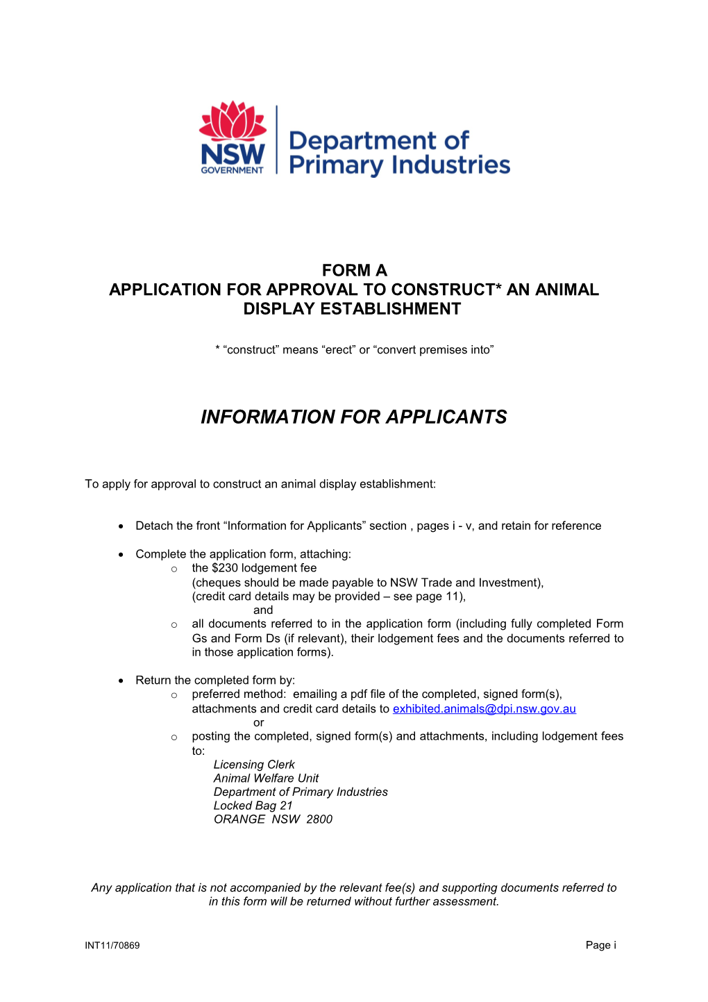 Form A: Application to Construct an Animal Display Establishment