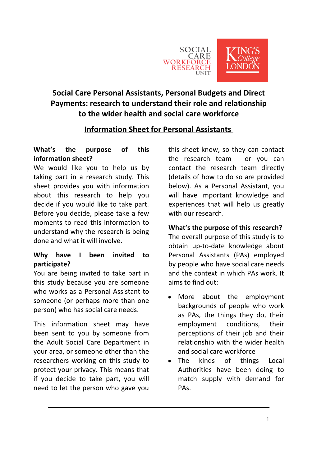 Information Sheet for Personal Assistants