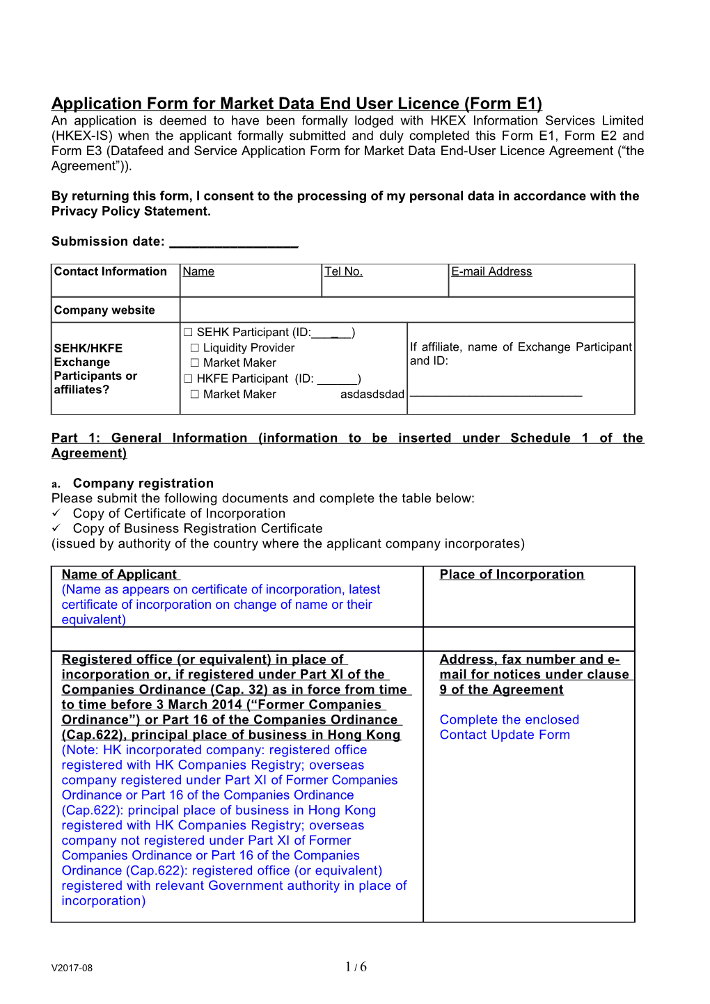 Application Form for Market Data End User Licence (Form E1)