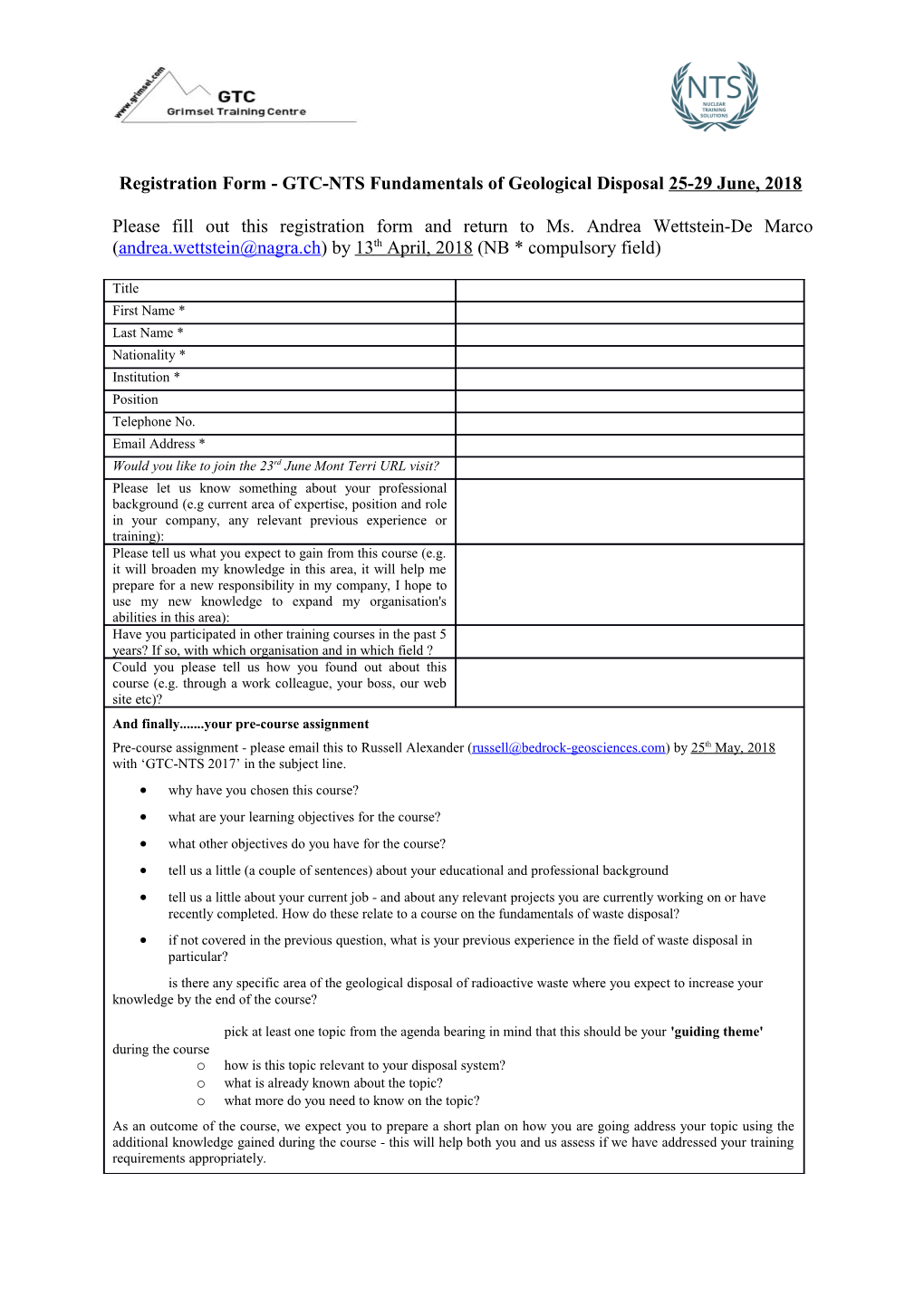 Registration Form - GTC-NTS Fundamentals of Geological Disposal 25-29 June, 2018