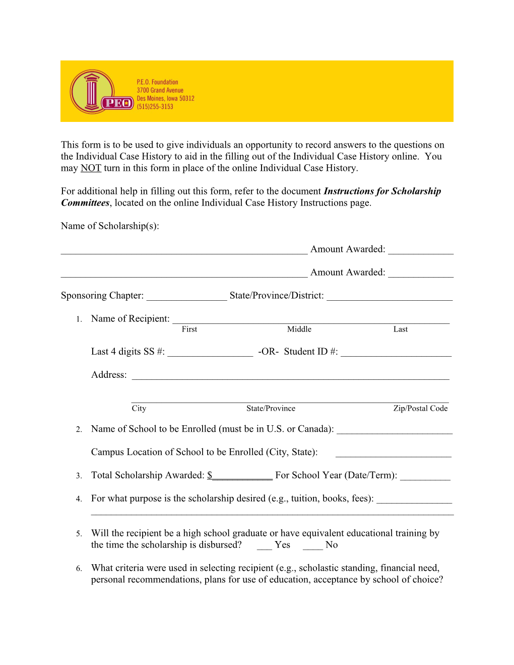 For Additional Help in Filling out This Form, Refer to the Document Instructions for Scholarship