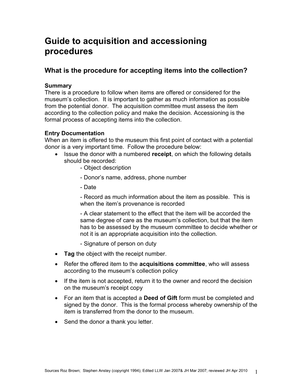 Guide to Acquisition and Accessioning Procedures
