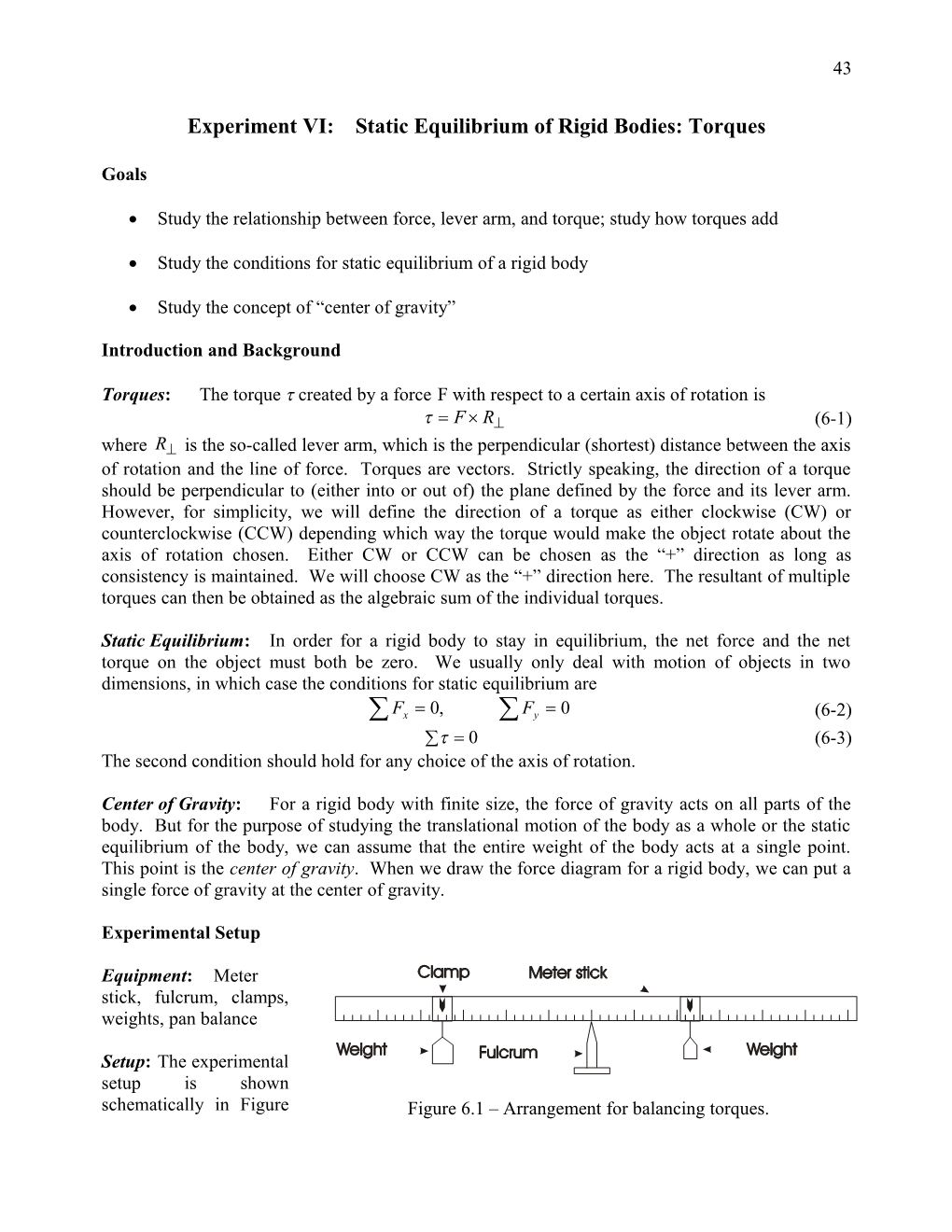 Experiment VI:Static Equilibrium of Rigid Bodies: Torques