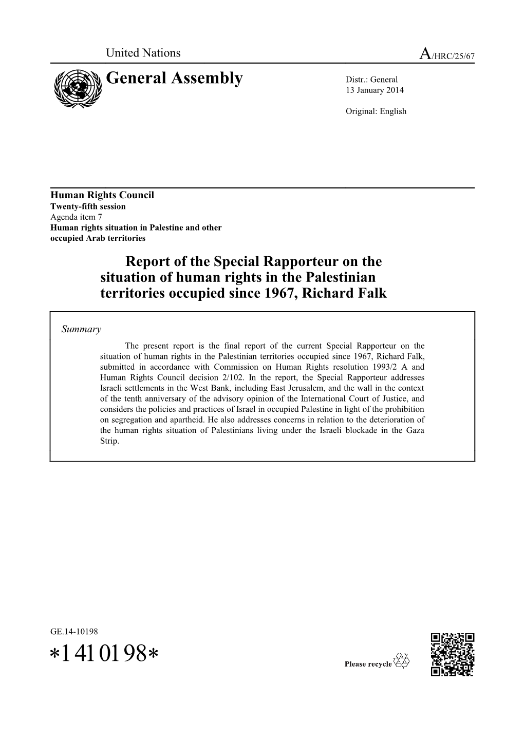 Report of the Special Rapporteur on the Situation of Human Rights in the Palestinian Territories