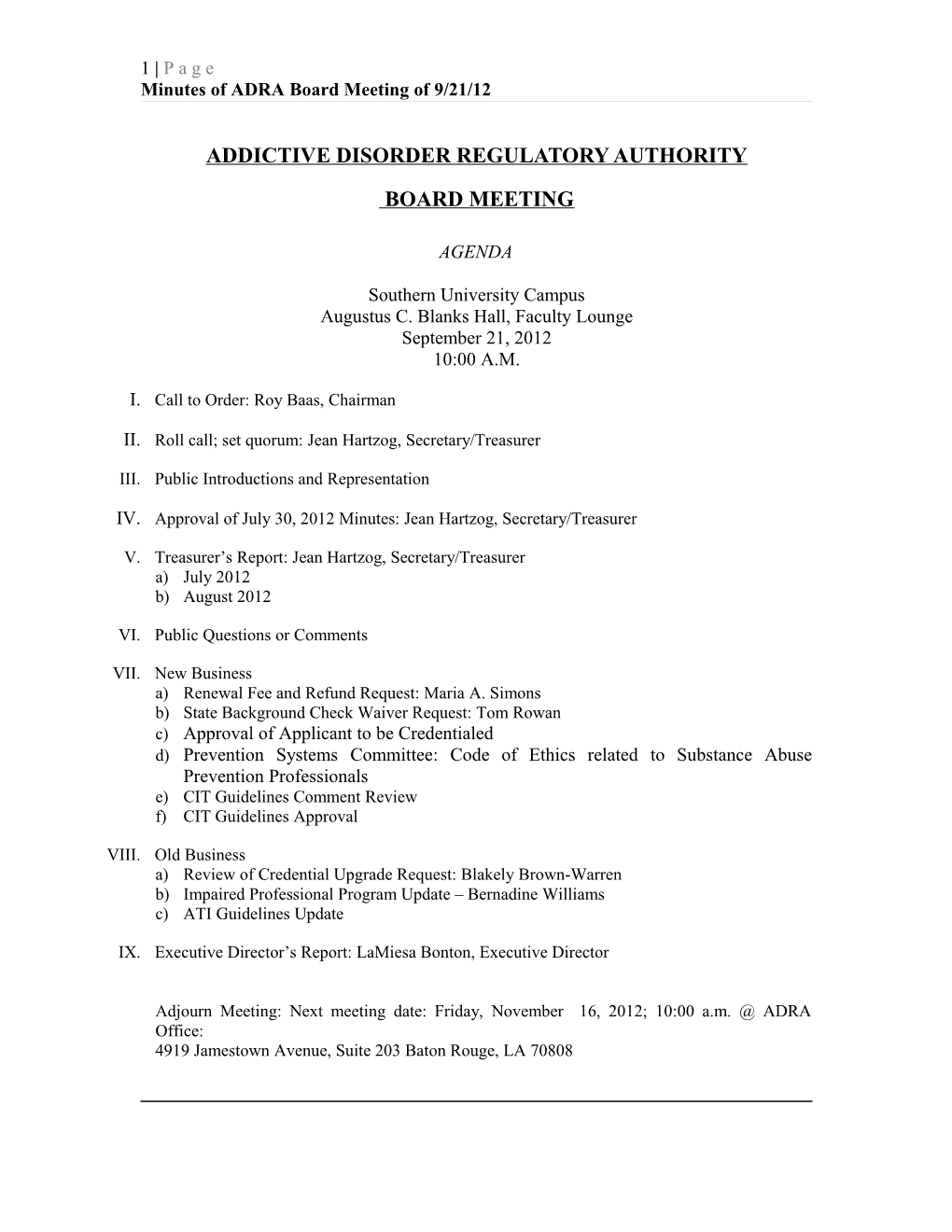Minutes of ADRA Board Meeting of 9/21/12