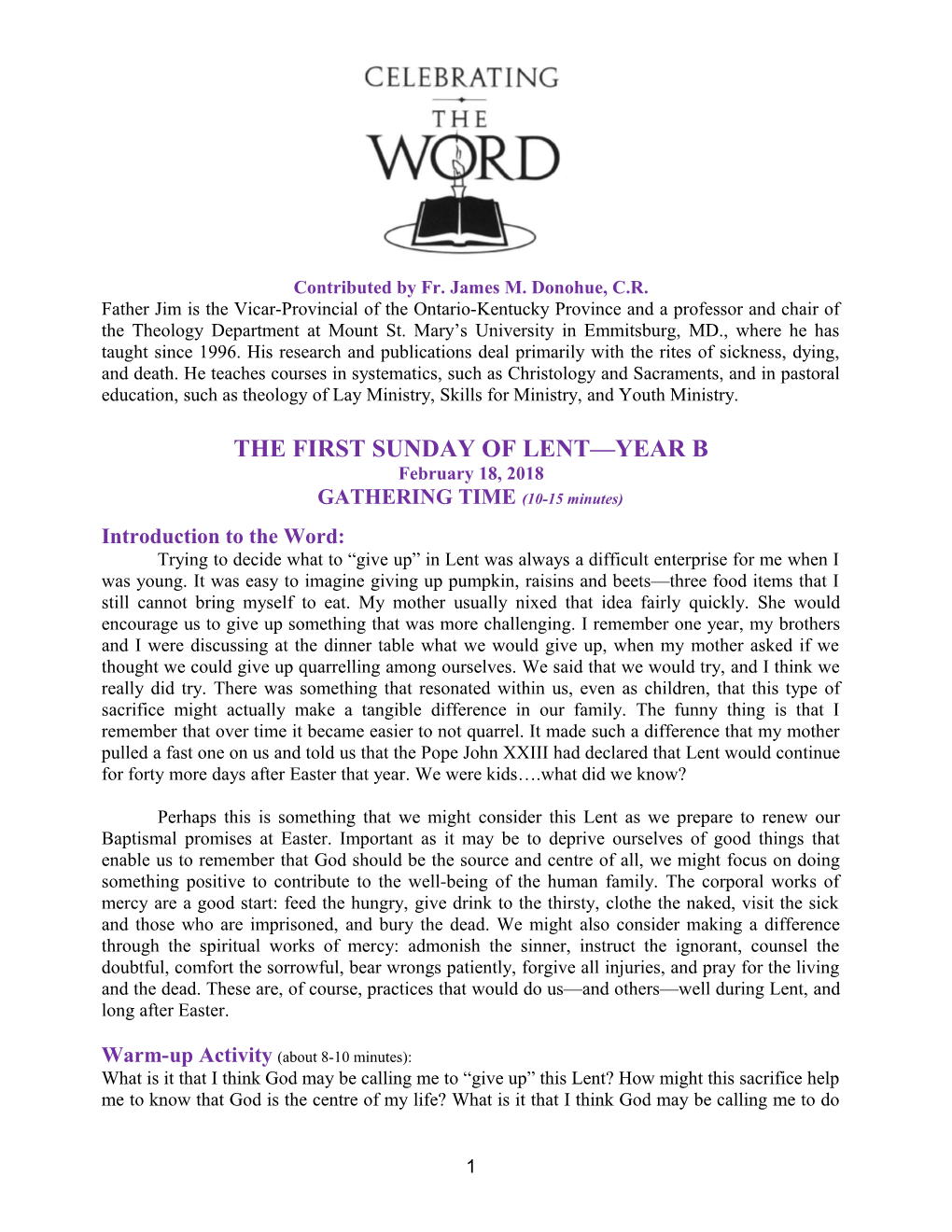 The First Sunday of Lent Year B