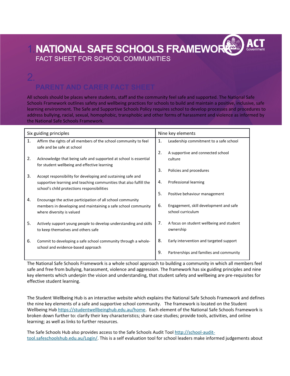 National Safe Schools Frameworkfact Sheet for School Communities
