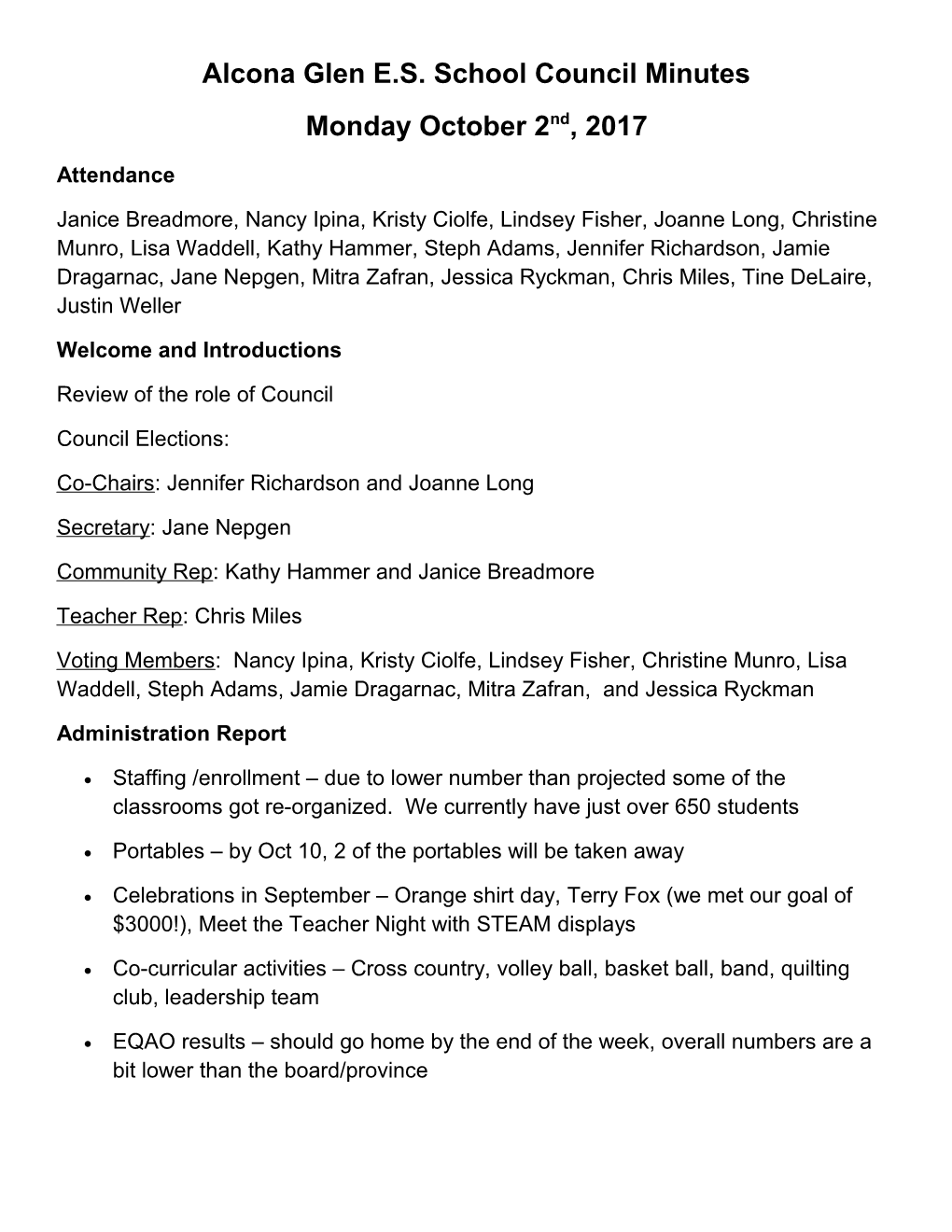 School Council Minutes - Oct. 2Nd, 2017