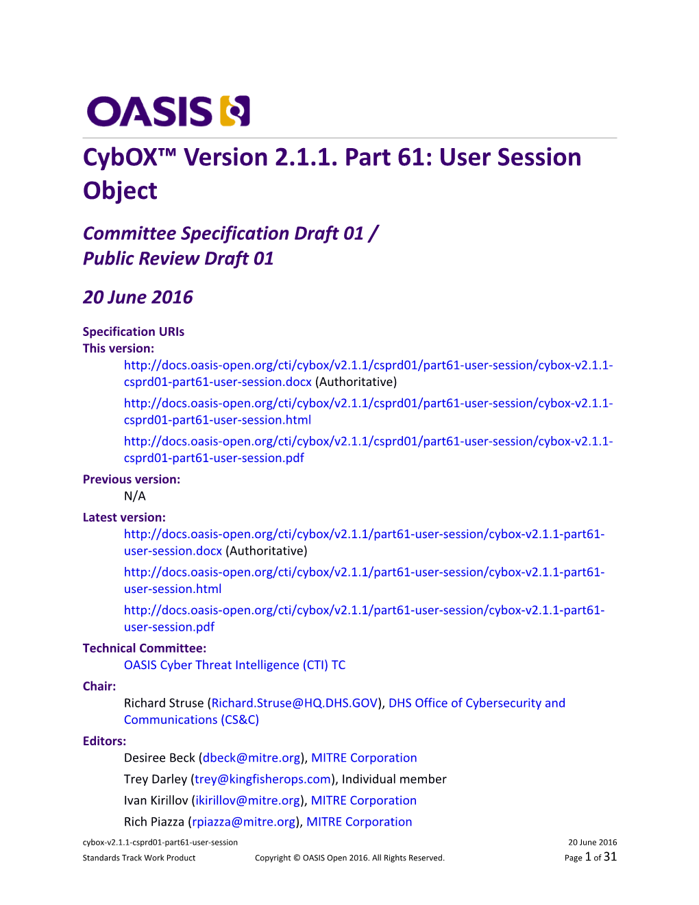 Cybox Version 2.1.1. Part 61: User Session Object