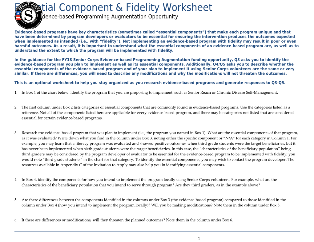 Essential Components Fidelity Worksheet