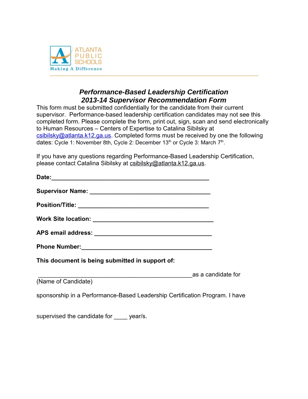 2013-14 Supervisor Recommendation Form