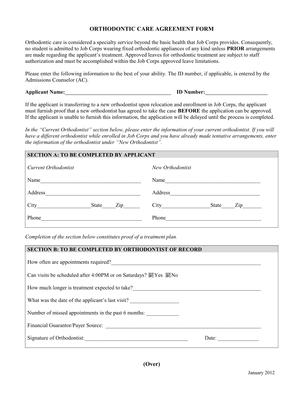 Orthodontic Care Agreement Form