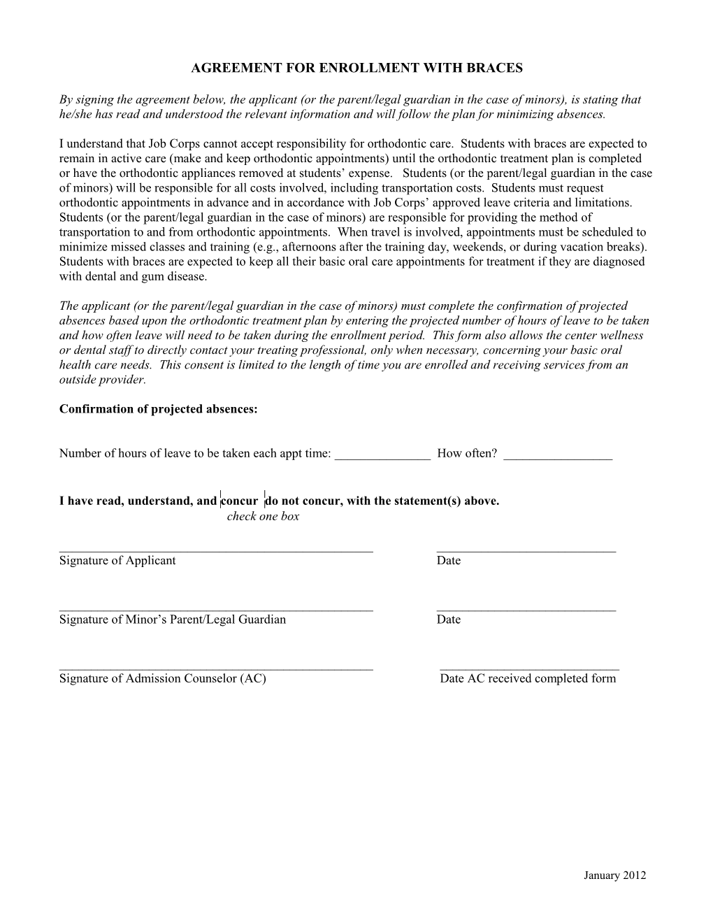 Orthodontic Care Agreement Form