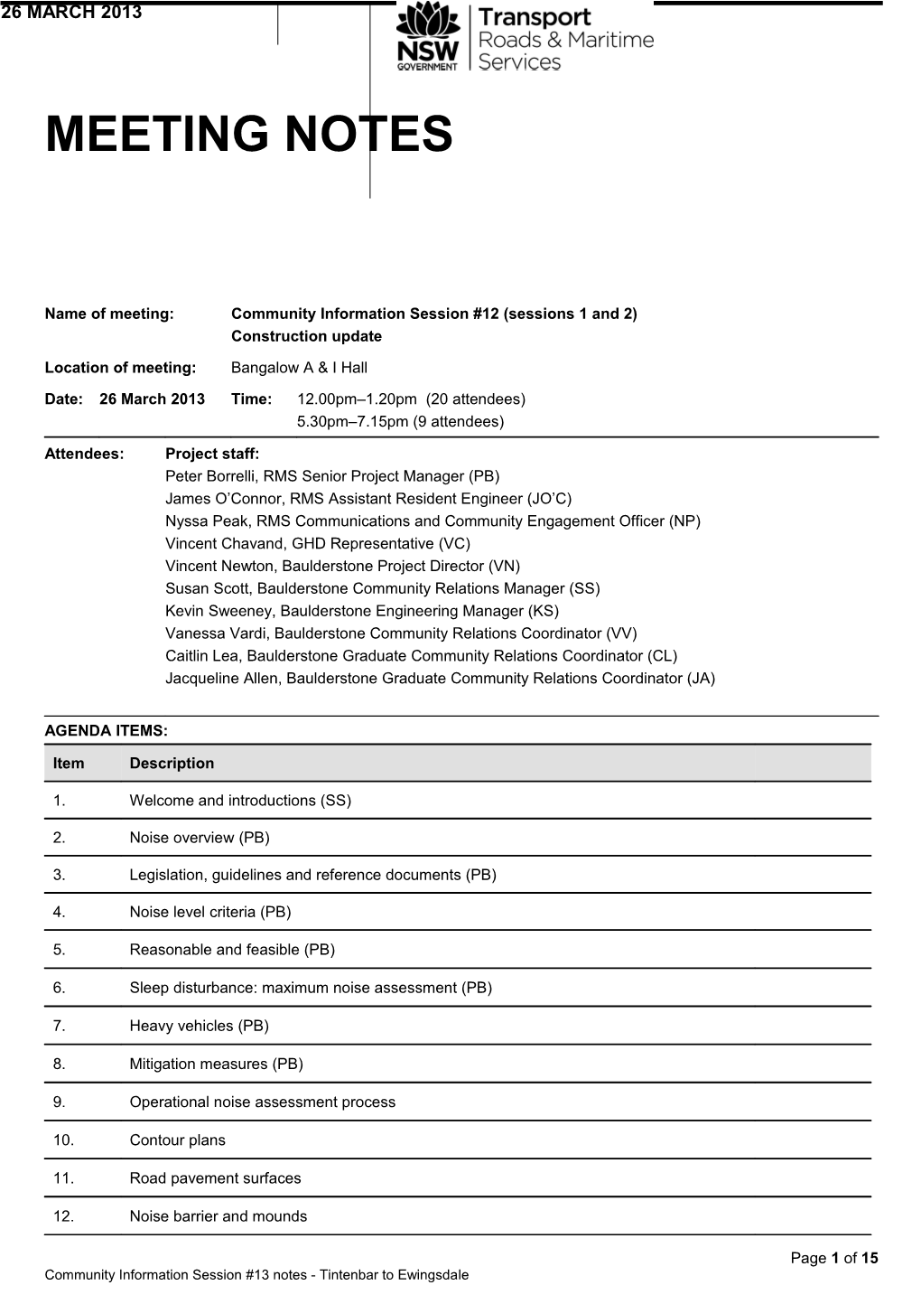 Tintenbar to Ewingsdale - Community Information Session #13, Meeting Notes - 26 March 2013