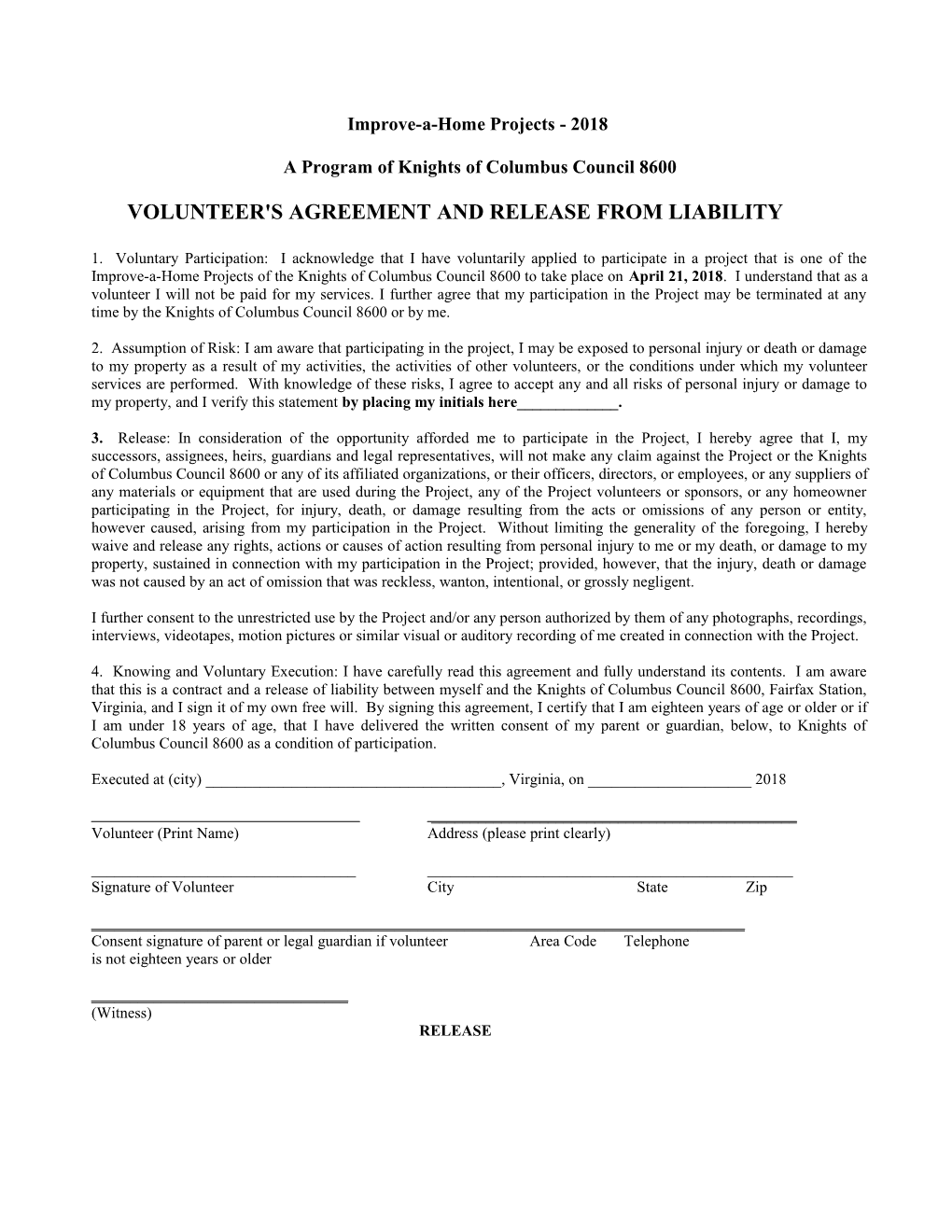 Authorization for Participating Minor Release from Liability