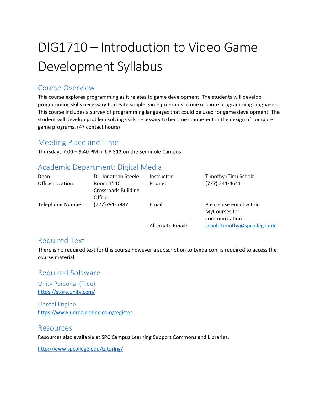 DIG1710 Introduction to Video Game Development Syllabus