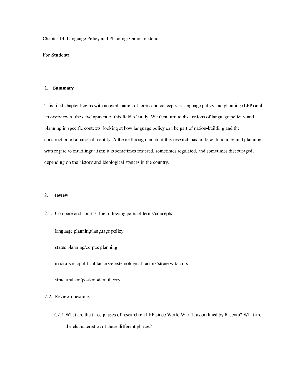 Chapter 14, Language Policy and Planning: Online Material