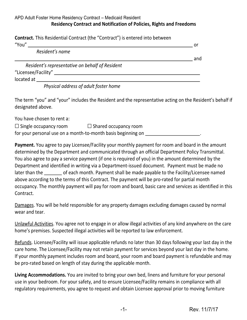 Adult Foster Home Provider Residency Contract Template