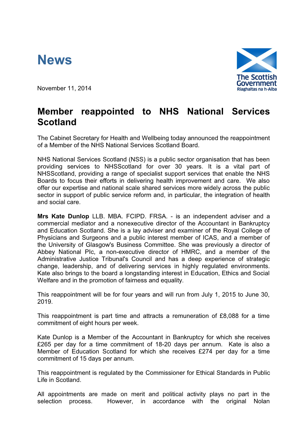 Member Reappointed to NHS National Services Scotland