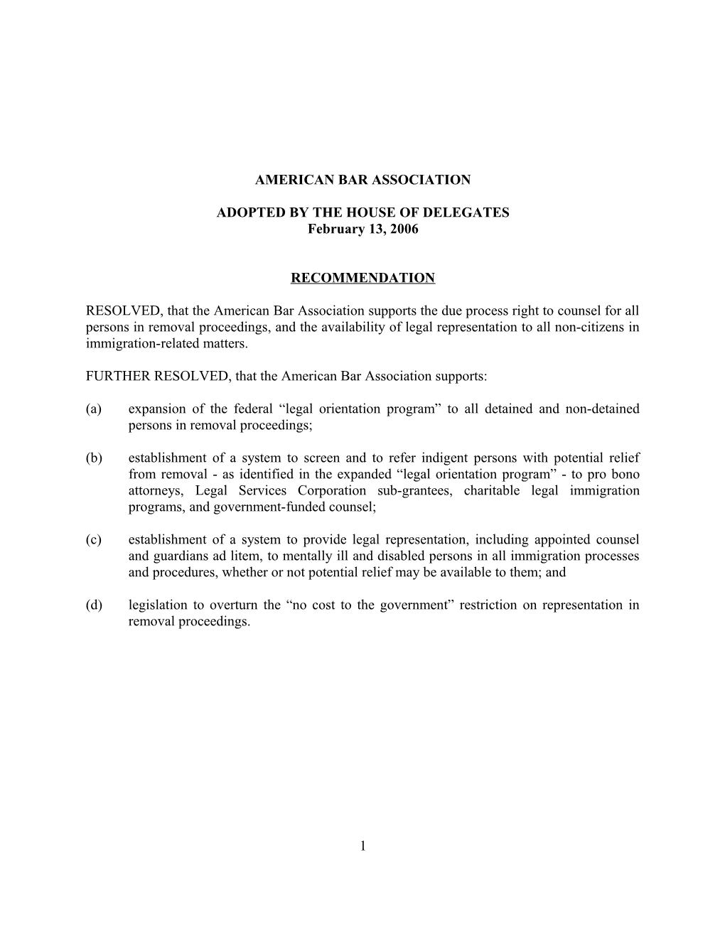 Right to Counsel Resolution